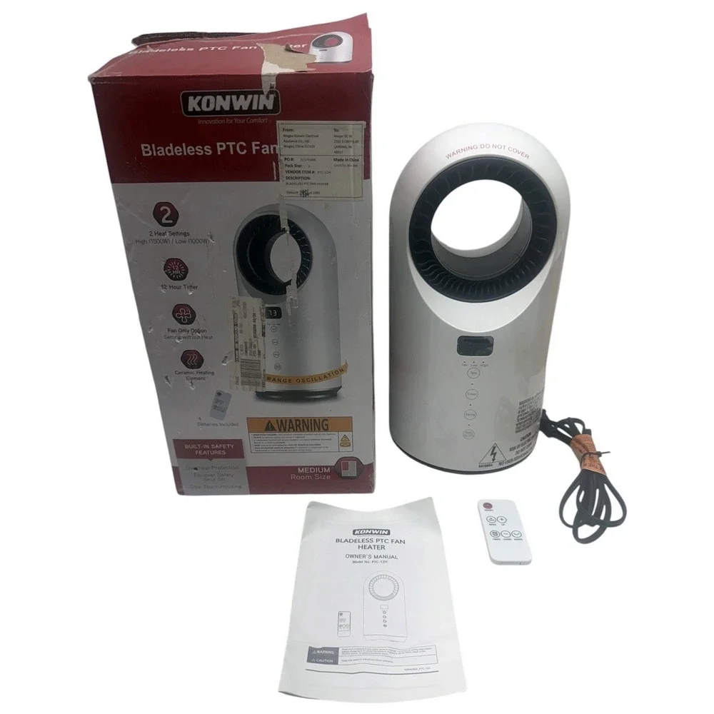 Konwin PTC-12H Bladeless Ceramic Fan Heater 1500W Oscillating Open Box w/ Remote